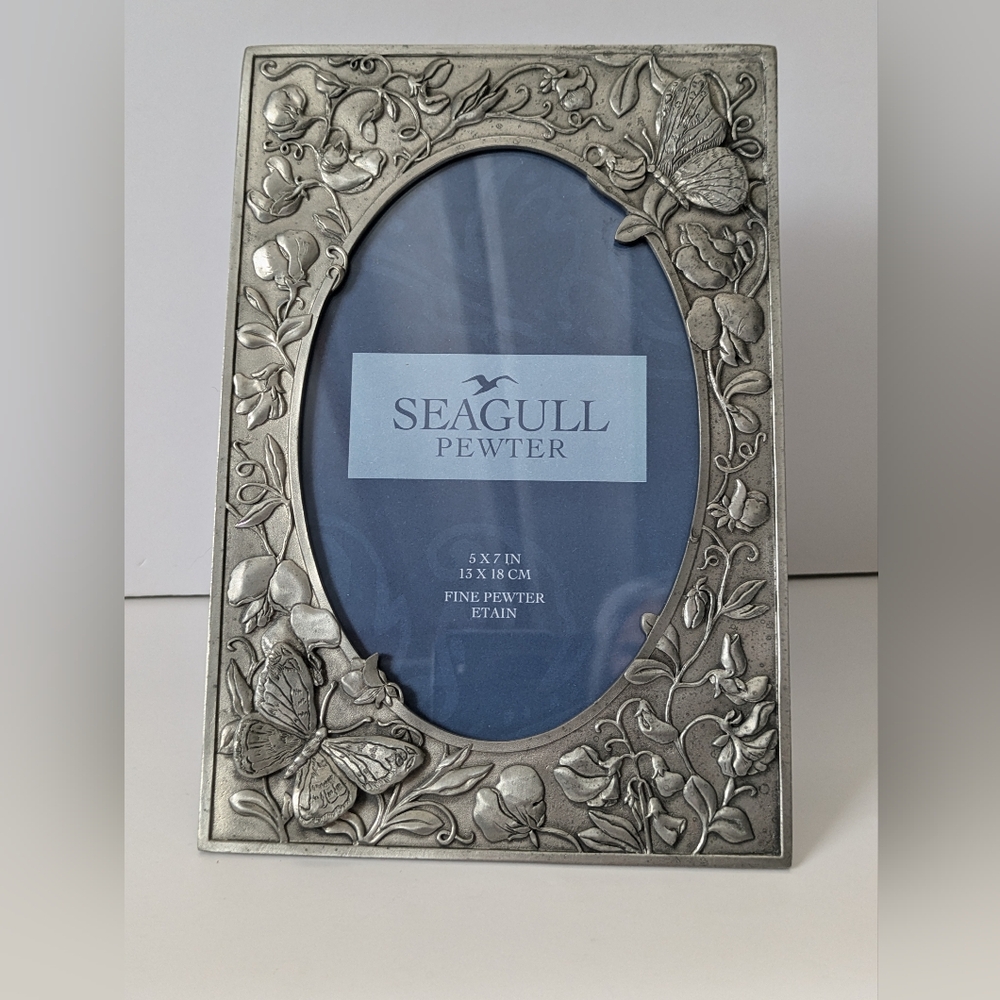 Vintage Seagull Fine Pewter Photo Frame Ornate Flowers Butterflies Cottagecore